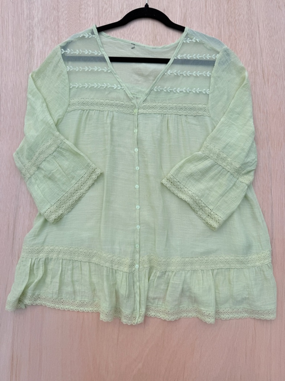 Sheer Light Green Embroidered Lace Peasant Top L XL Boho Ruffle Sleeve Blouse